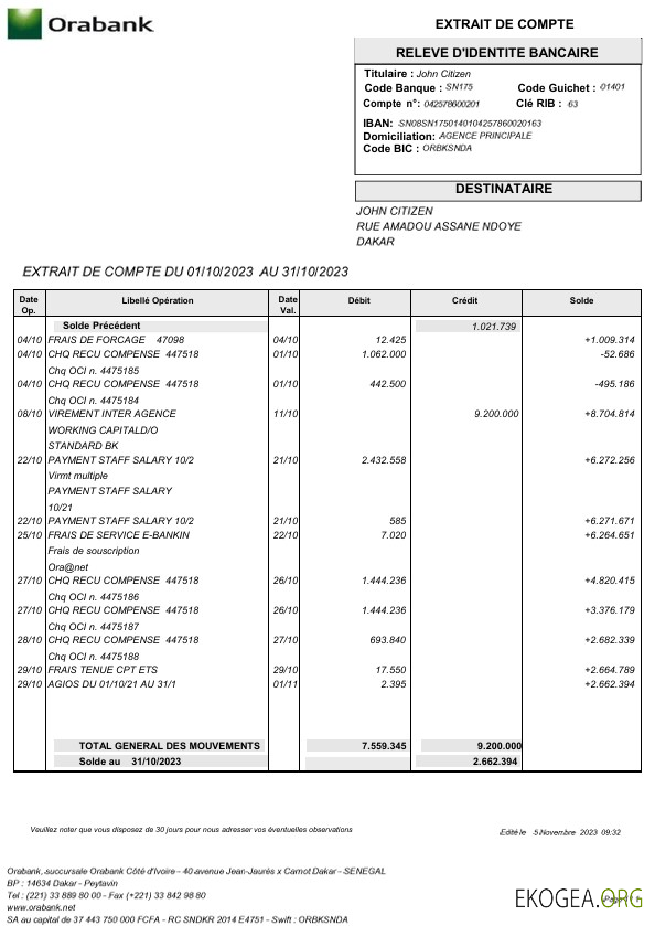 Modèle Word et PDF de relevé Orabank du Togo